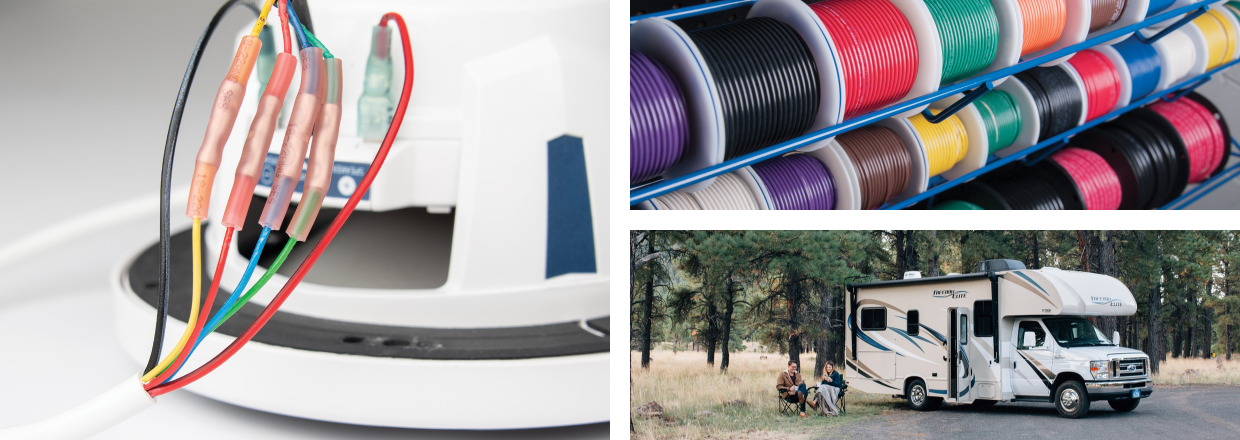 Wires connected to a plug. A fishing boat riding across the water. Stripping a wire using Ancor tools. Colorful rolls of wires. A couple sitting on camping chairs outside of an RV. 