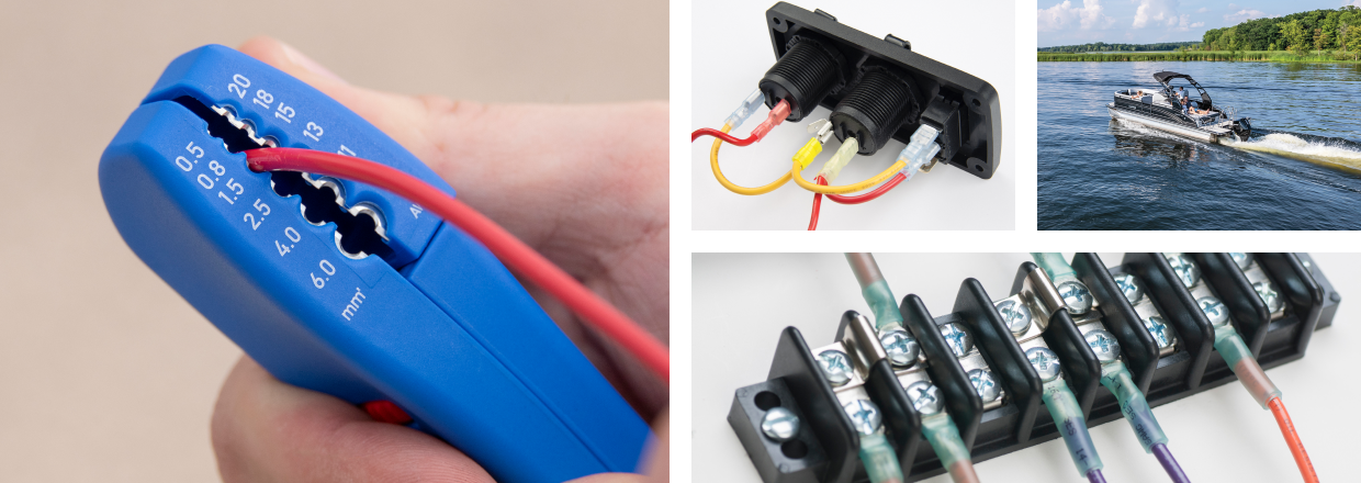 Measuring wires using an Ancor wire tool. Cables plugged in to a plug. A pontoon driving along a river. Wires connected to a plug. 