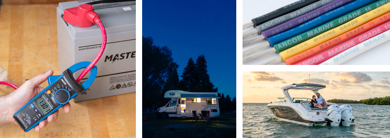 Using an Ancor Battery Tester. An RV lit up in the woods under a starry sky. Ancor wires and cables. A couple relaxing on a boat. 