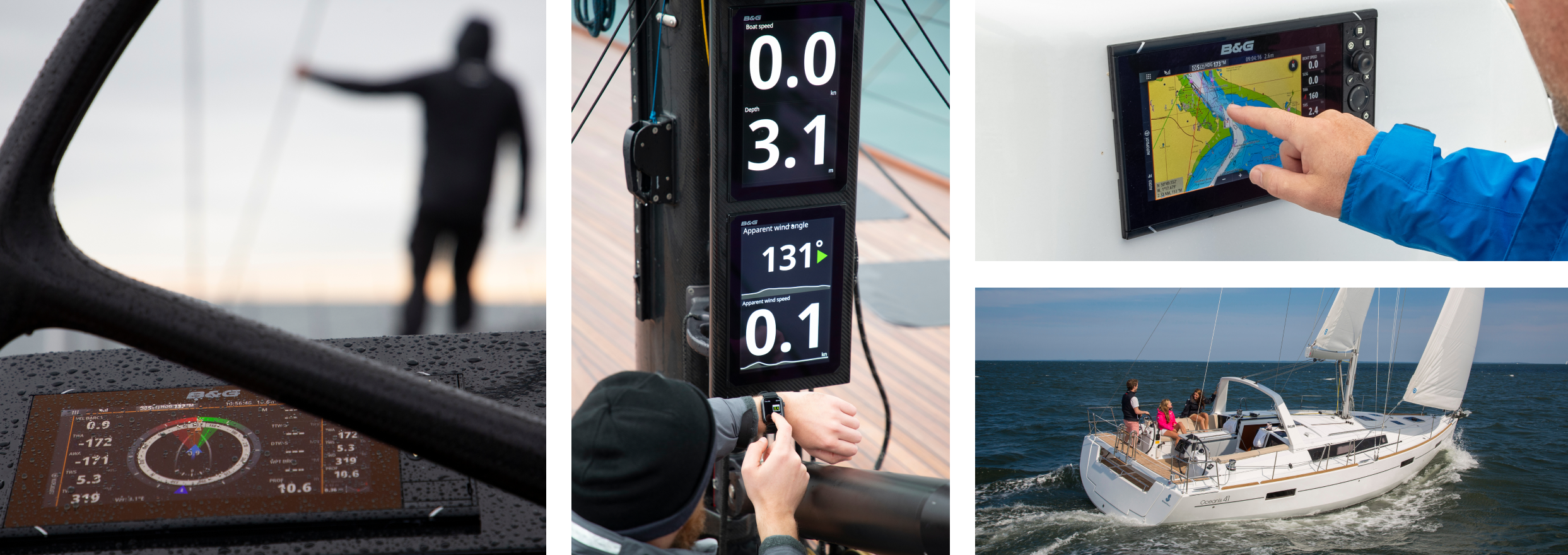 A B&G® sailing display showing data on screen.  A person measuring the speed, depth, wind speed and wind angle with B&G® sailing instruments.  A person navigating using B&G® sailing displays.  People sailing on a sailboat. 
