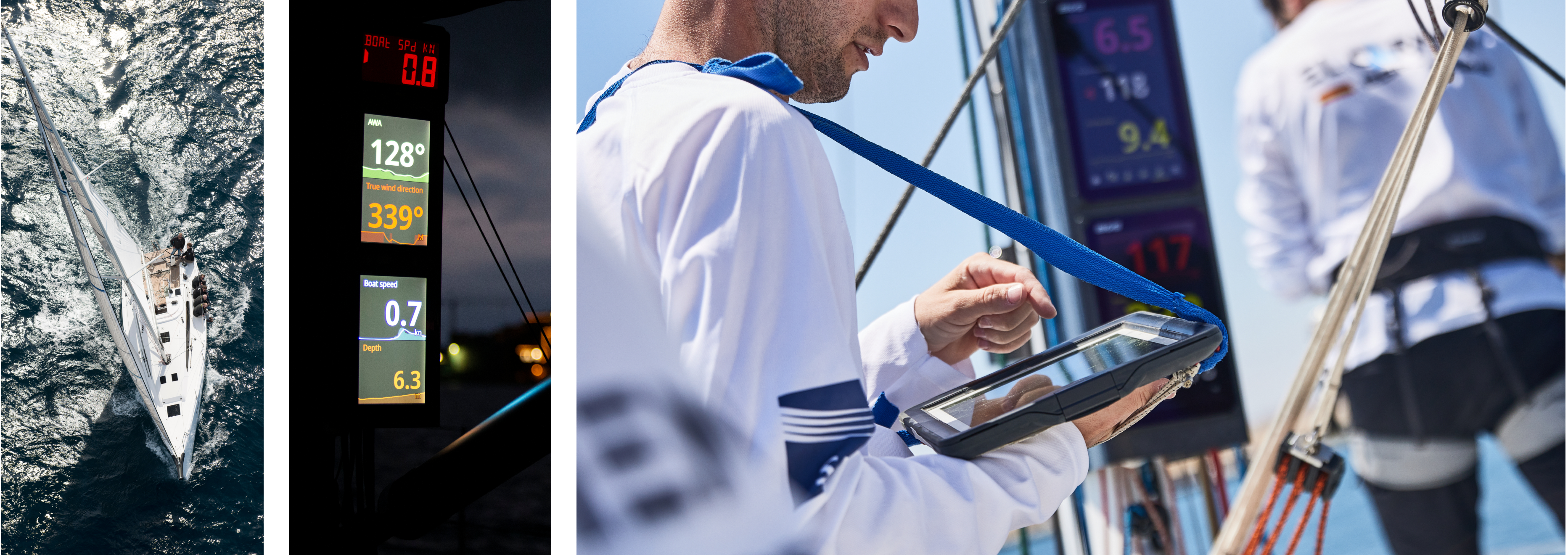 A person checking sailing data on B&G® display screens.  A couple on a sailboat on the water.  Two men using B&G® electronic instruments. 