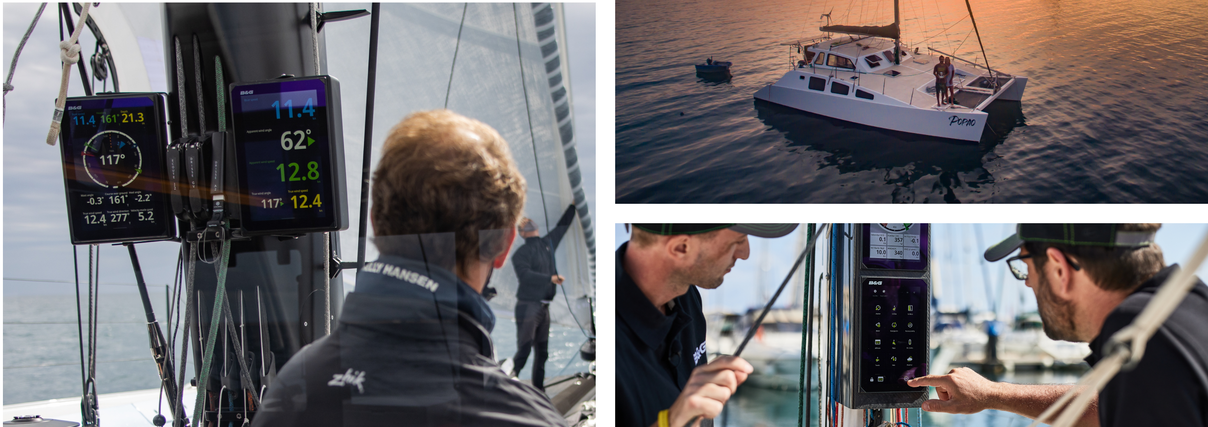 A person checking sailing data on B&G display screens. A couple on a sailboat on the water. Two men using B&G electronic instruments. 