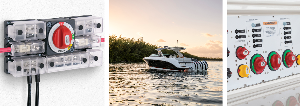 BEP circuit protection. A boat on the water during the sunset. Custom BEP panels. 