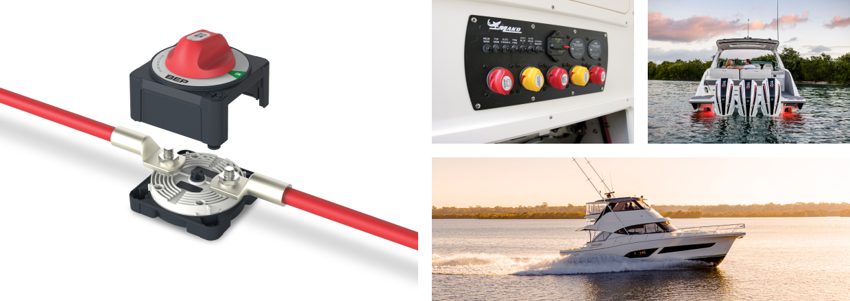 A BEP battery management system. A custom BEP power distribution panel. A couple sitting in the back of a boat. A fishing boat riding across the water. 