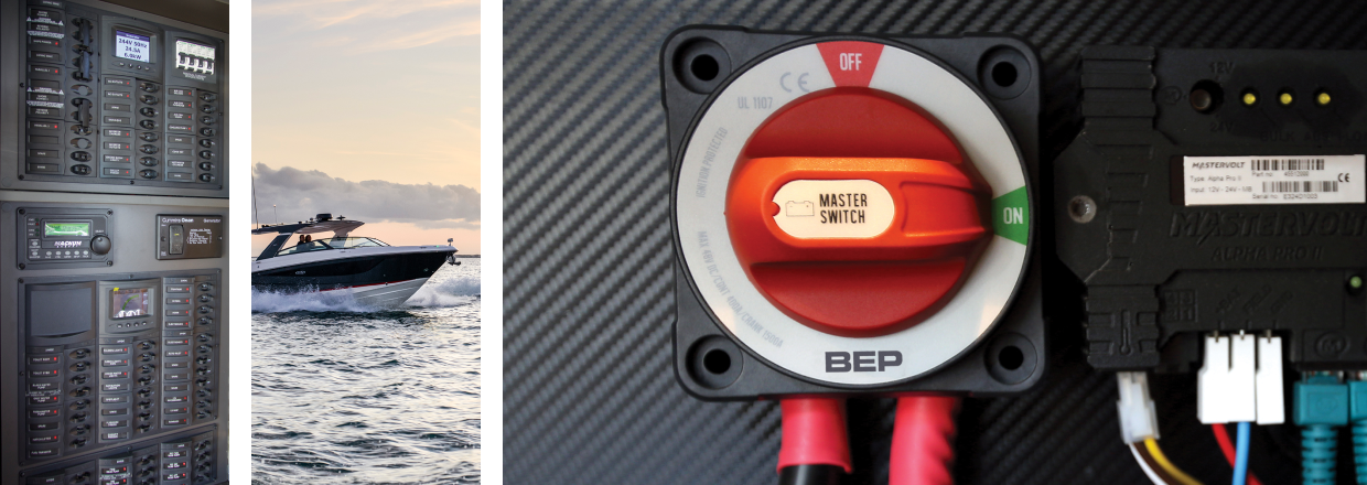 BEP battery management systems. A boat driving across the water. A BEP master switch. 