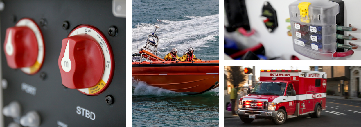 A red switching dial for marine vehicles. People in a search and rescue lifeboat using Blue Sea Systems' equipment. Blue Sea Systems' circuit protection cover.  Fire department vehicle using Blue Sea Systems' battery management products.