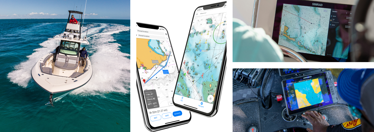 People on a large fishing boat that is driving across the water. Smartphones showing the C-MAP®  app. A Simrad® system using the C-MAP chart plotting apps. A person using a C-MAP app on a Lowrance fish finder. 