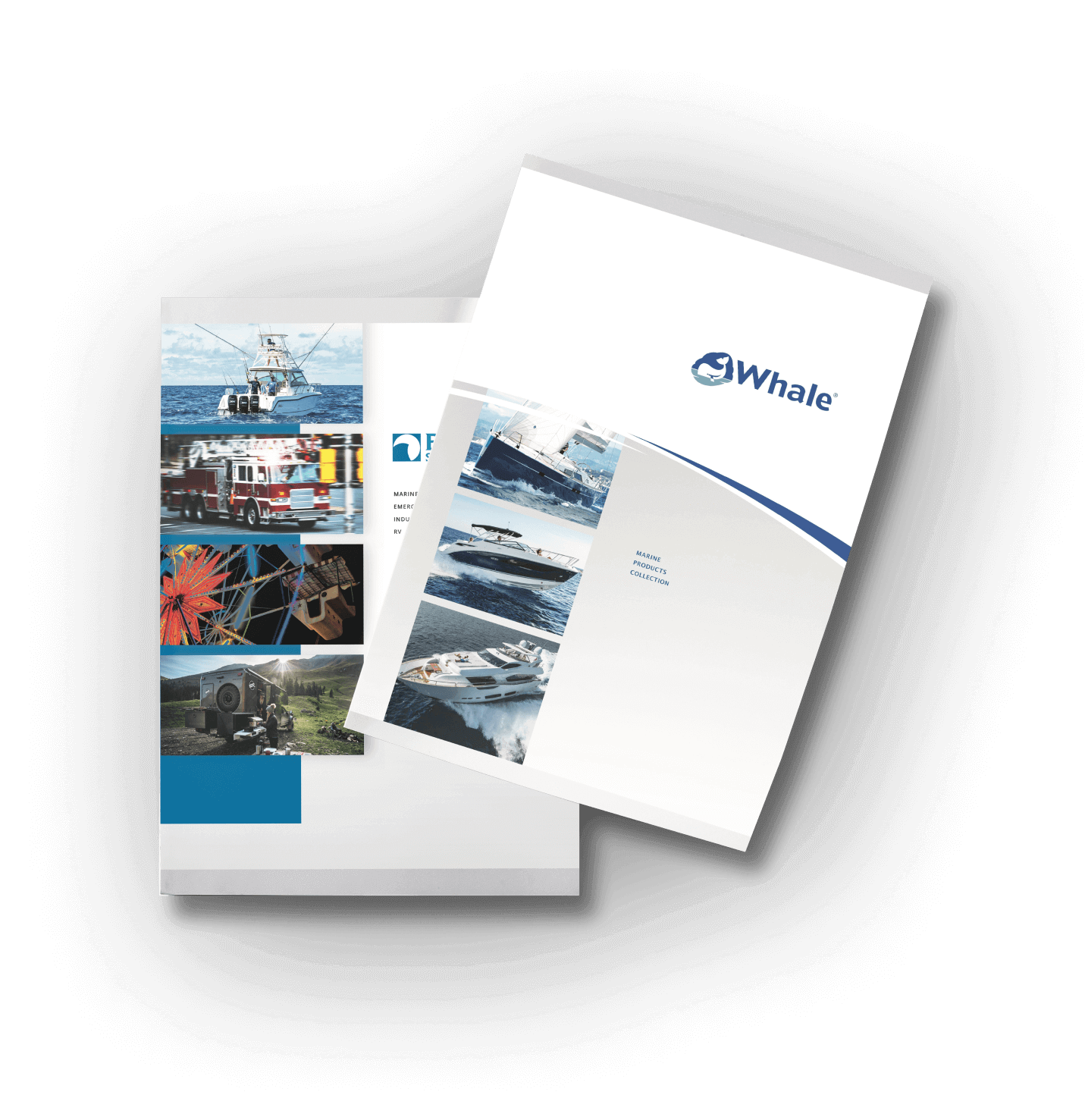 The covers of Blue Sea® Systems and Whale® catalogs. 