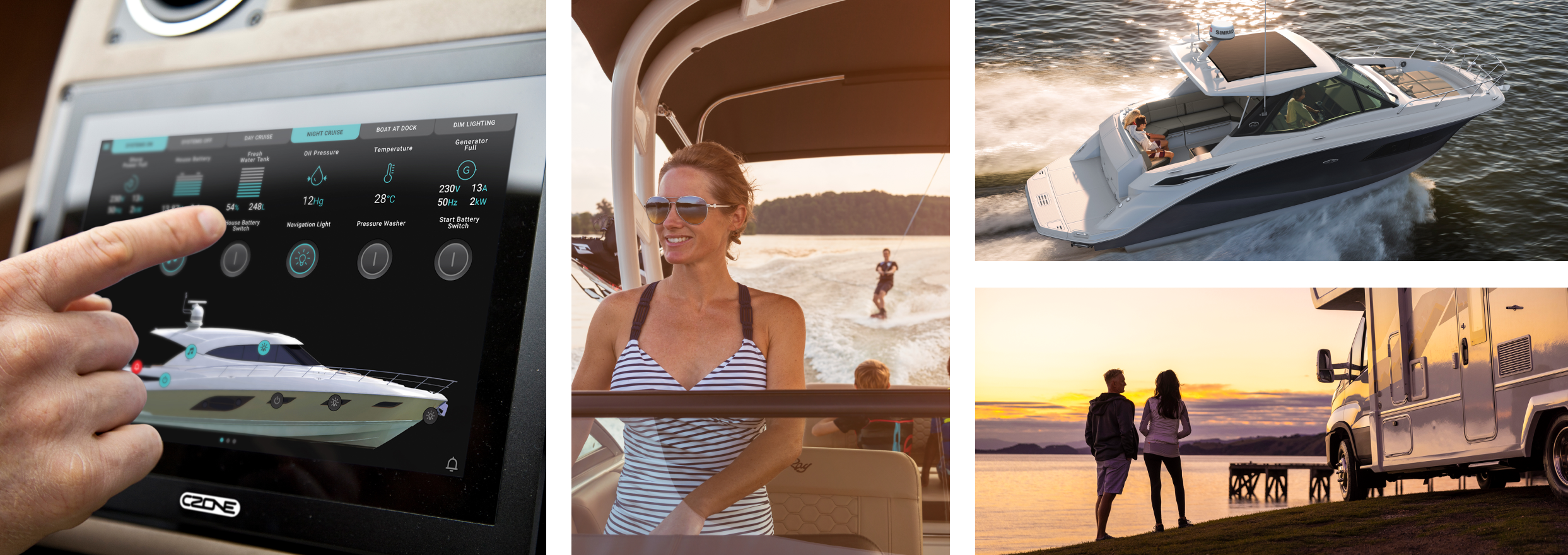 A person using a CZone® system. A woman smiling while on a boat.A boat on the water.A couple walking on the beach next to an RV.