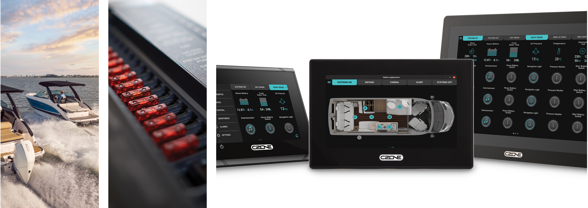 Two boats on the water.A digital switchboard system.Three devices showing the CZone® interface.