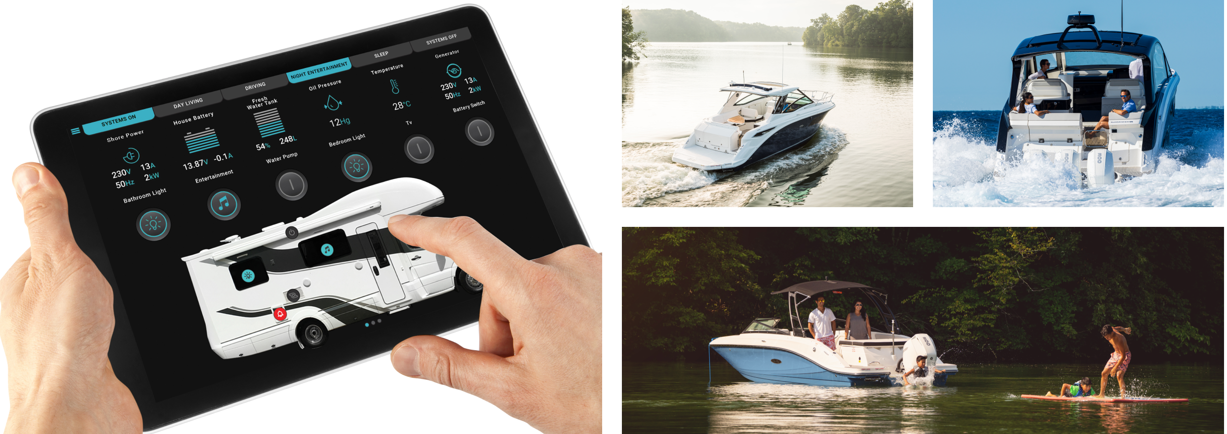 A person using a CZone® system.A boat navigating the water.People on a boat on the water.People swimming next to a boat.