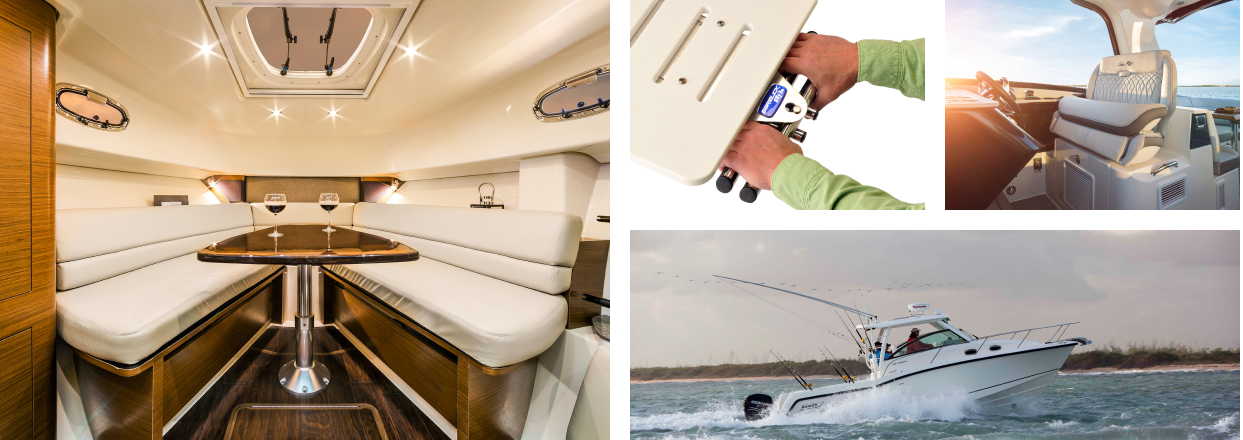 The interior dining area of a yacht. A man gripping a tray. The driver's seat of a boat. A boat on a wide expanse of lake.