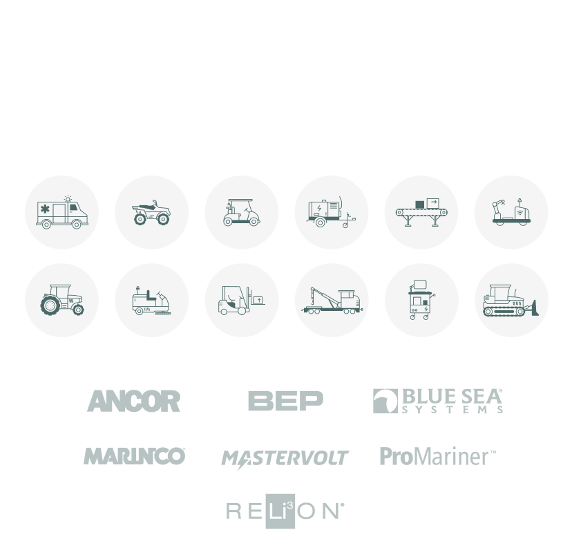 Icons showing different industrial vehicles, with the ANCOR, BEP, Blue Sea® Systems, Marinoco®, Mastervolt, ProMariner™ and RELiON® Logos highlighted. 
