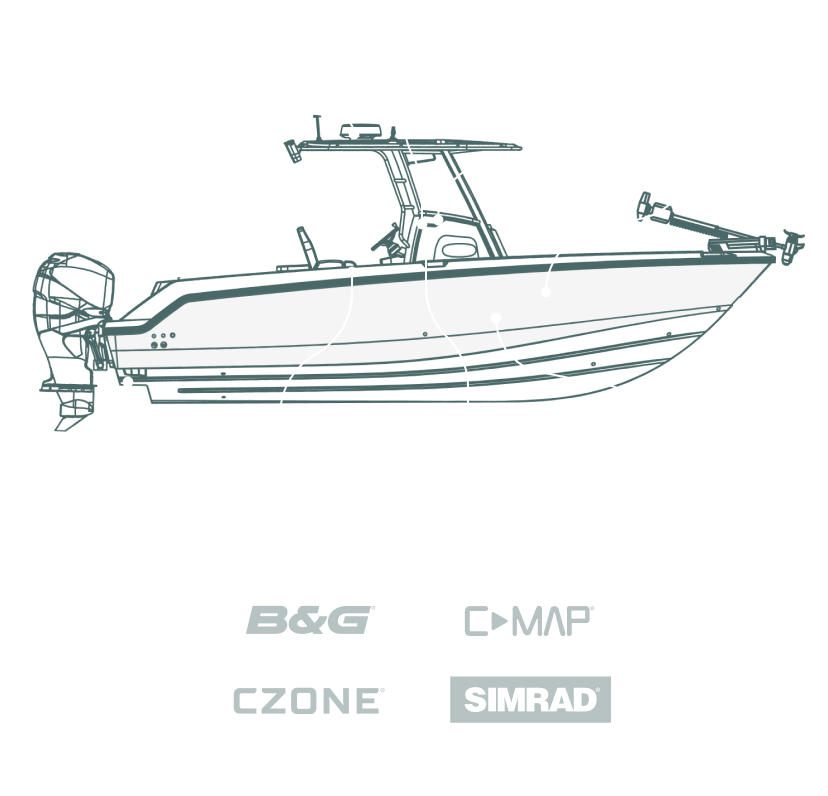 An outline of a fishing boat with arrows pointing to the Digital Systems features with the B&G®, CMAP®, CZONE® and SIMRAD® logos highlighted.
