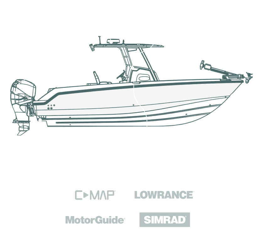 An outline of a fishing boat with arrows pointing to the Fishing Systems features with the CMAP®, LOWRANCE®, MotorGuide® and SIMRAD® logos highlighted. 
