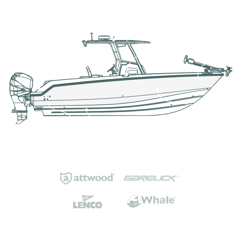 An outline of a fishing boat with arrows pointing to the Performance Components features with the Attwood®, Garelick®, Lenco and Whale® logos highlighted. 