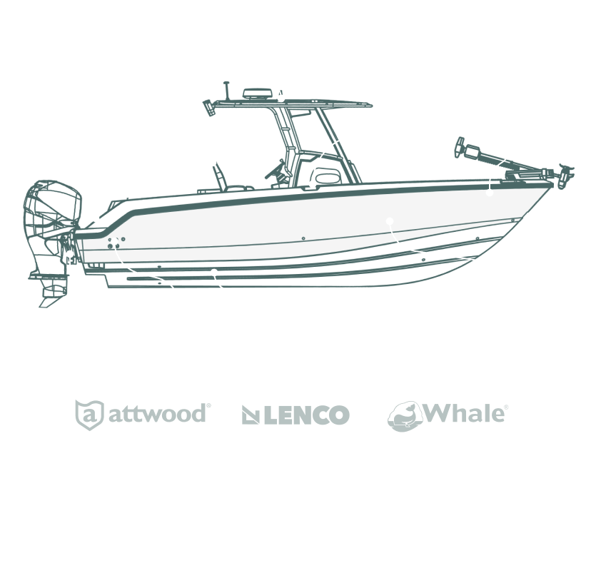 An outline of a fishing boat with arrows pointing to the Performance Components features with the Attwood®, Garelick®, Lenco and Whale® logos highlighted. 