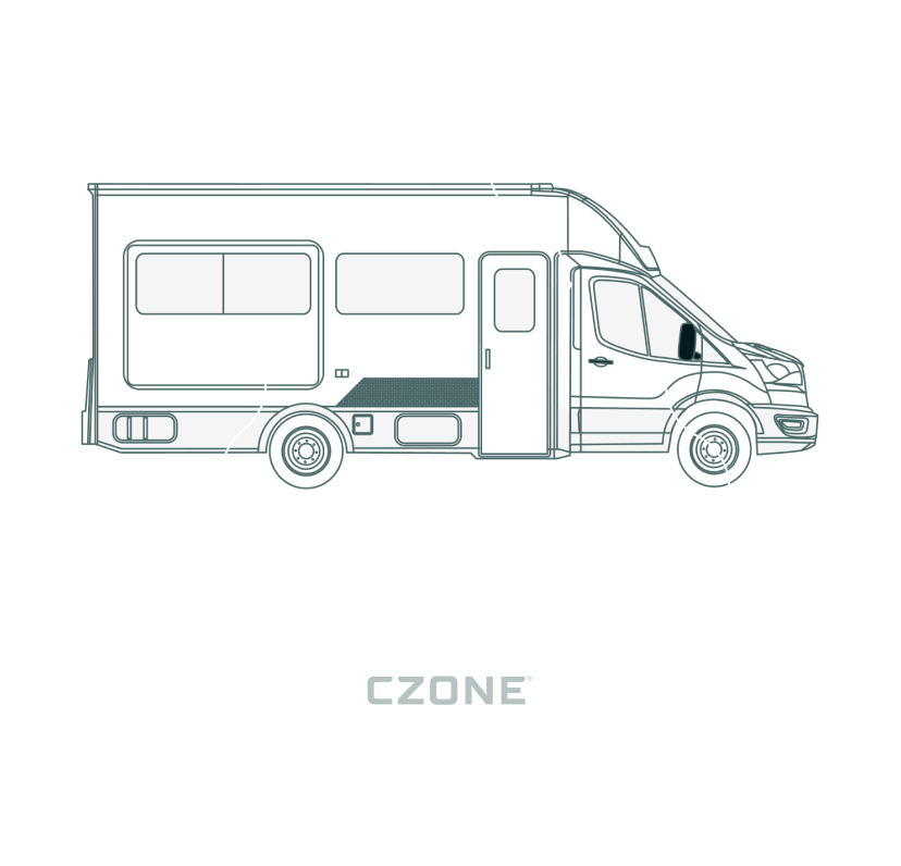 An outline of an RV with arrows pointing to the Digital Systems features with the CZONE® and Whale® logos highlighted. 