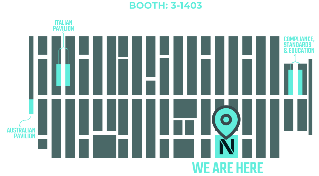A convention center map layout showing the IBEX booth layout, with a location icon pointing to the IBEX booth.