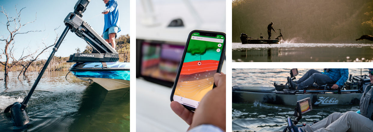 A person using a Lowrance® trolling motor on a fishing boat.  A person looking at a live sonar on a smartphone.  A person catching a fish while on a fishing boat.  Two people using Lowrance® systems while fishing on kayaks. 