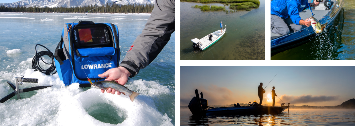 A person ice fishing with a Lowrance® fish finder with a carrying pack.  A man standing on a fishing boat on the water.  A person catching a fish.  Two people fishing on a fishing boat during the sunrise. 