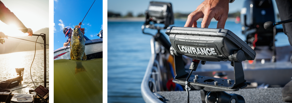 A person using Lowrance® systems on their fishing boat.  A person reeling in a fish.  A person checking a Lowrance® chart plotter on their fishing boat. 