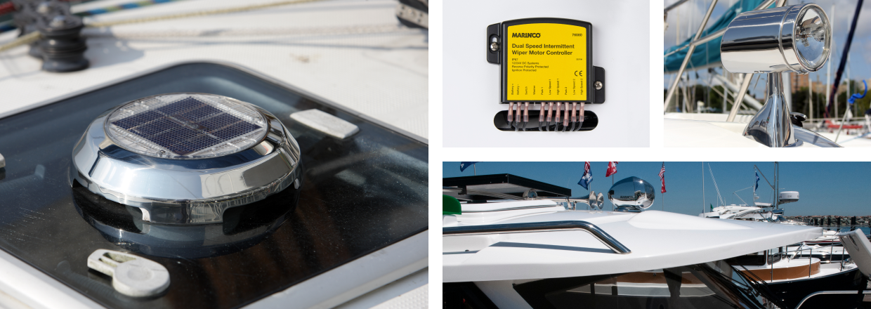 Unplugged yellow shore power cords at a marina. White Marinco® lighting fixture for a marine vehicle. Person plugging in Marinco® power cords for power.