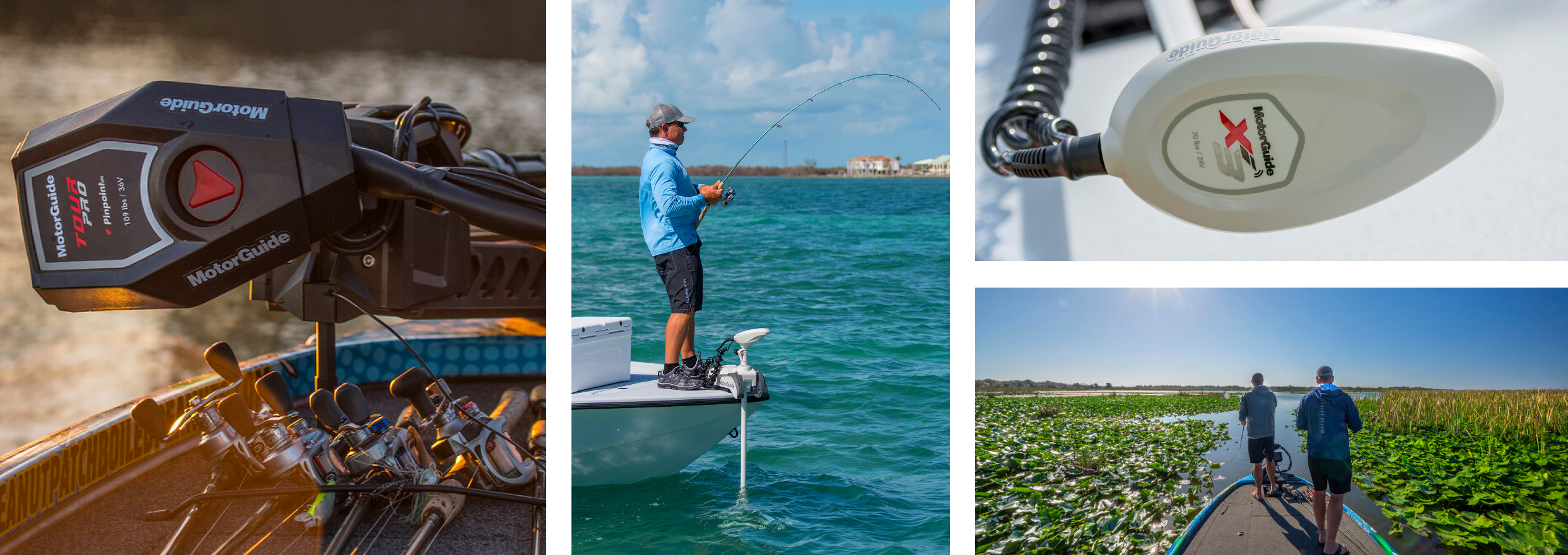 A MotorGuide trolling motor. A man reeling in his fishing line on a fishing boat. The control of a MotorGuide trolling motor. Two people fishing in a marshland. 