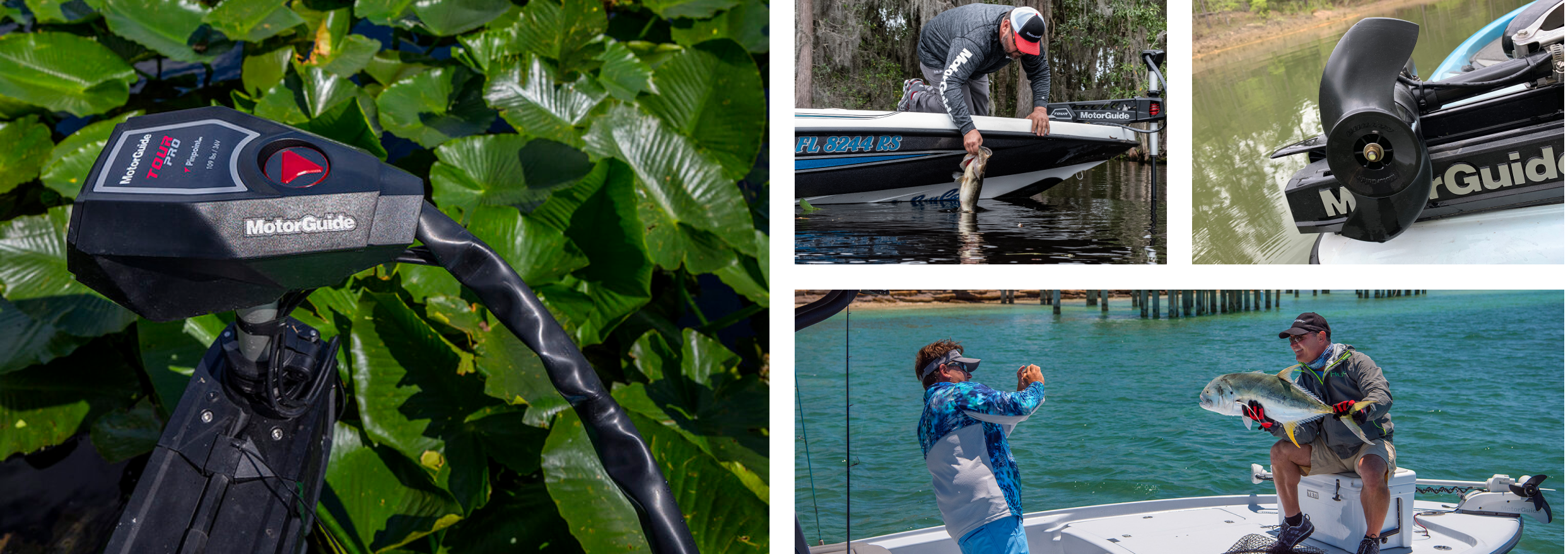 A MotorGuide Tour Pro trolling motor. A man bringing a fish onto his fishing boat. The propeller of a MotorGuide trolling motor. A person taking a picture of a man holding a large fish. 