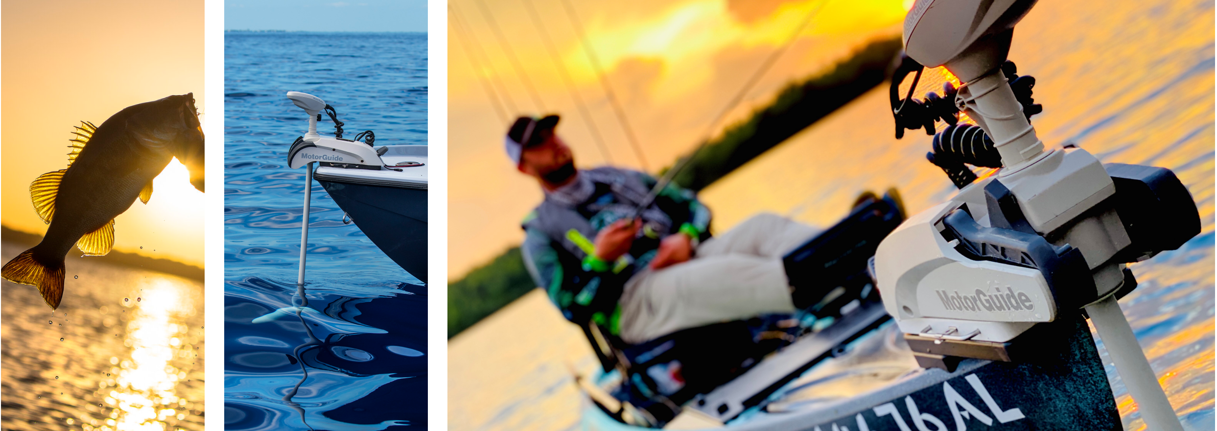 A fish jumping out of the water during the sunset.A MotorGuide trolling motor. A person sitting on a fishing boat with a MotorGuide trolling motor. 