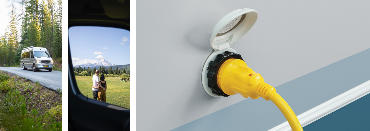 RV driving through the woods during daytime. Couple pictured outside the frame of an RV window near the mountains. Power cord attached to RV through pigtail adapters.