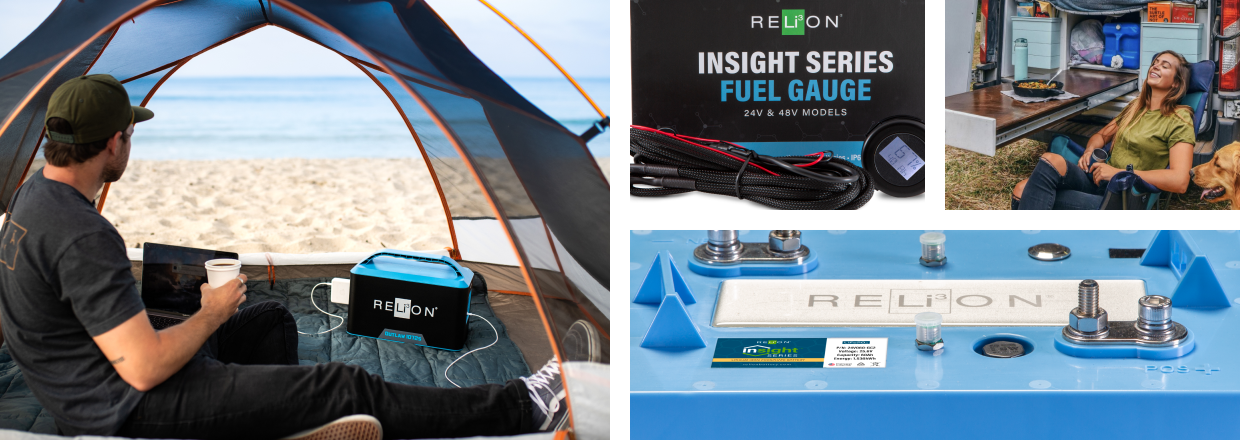 A man camping on the beach, using a portable RELiON® battery to charge his devices.  The RELiON® Insight Series Fuel Gauge.  A woman relaxing at a table with her dog outside of a camper van.  The top of a RELiON® Lithium Battery.