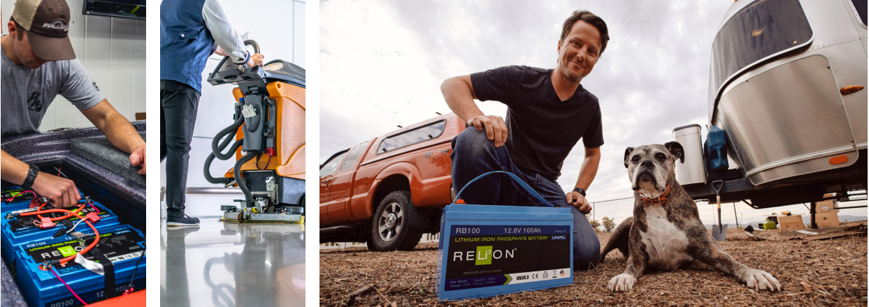 Image Alt Text 	A man installing a RELiON® battery.  Image Alt Text 	A man using a floor cleaning machine.  Image Alt Text 	A man and a dog posing with a RELiON® battery. 