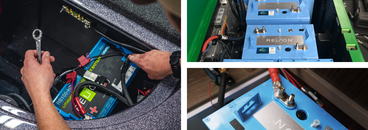 Someone installing a RELiON® battery.  RELiON® batteries installed in a machine.  The red positive battery terminal on a RELiON® battery. 