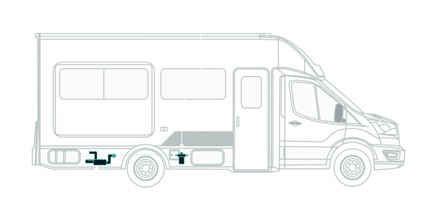 An outline of an RV camper van with arrows pointing to and highlighting the Heating Systems and Water Systems features.