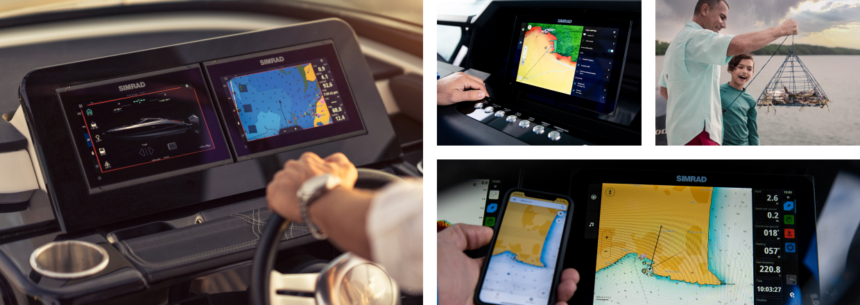 Two Simrad® systems in front of a person driving a boat. A Simrad® system on a control dashboard.  A man and a child looking at a crab trap filled with crabs.  A Simrad® system connecting to a smartphone. 