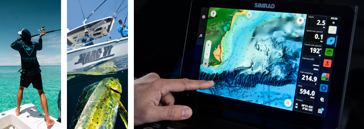 A person casting a fishing line off a boat. A green fish on a hook just below the water, with two people reeling it in on a boat. A person using a Simrad® system. 