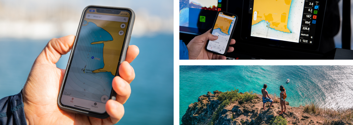 A map from a Simrad® system on a smartphone. A Simrad® system connecting to a smartphone. Two people standing on a cliff with water and a boat below. 