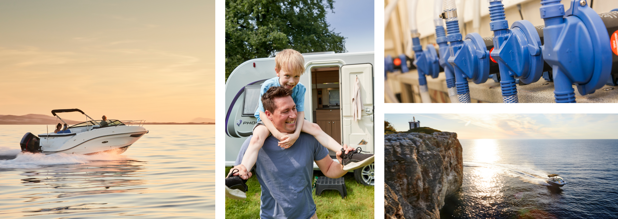 A few people sailing on a boat in the open waters during sunset.Father holding son on shoulders laughing while outside of their RV.A line of blue Whale water lines.Boat sailing the open waters alongside a large cliff.